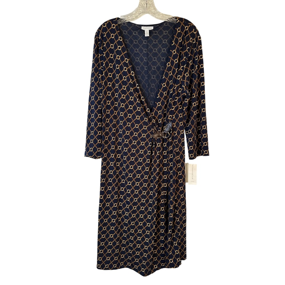 Charter Club Womens XL Navy Blue Chain Link Faux Wrap Dress 3/4 Sleeve NWT